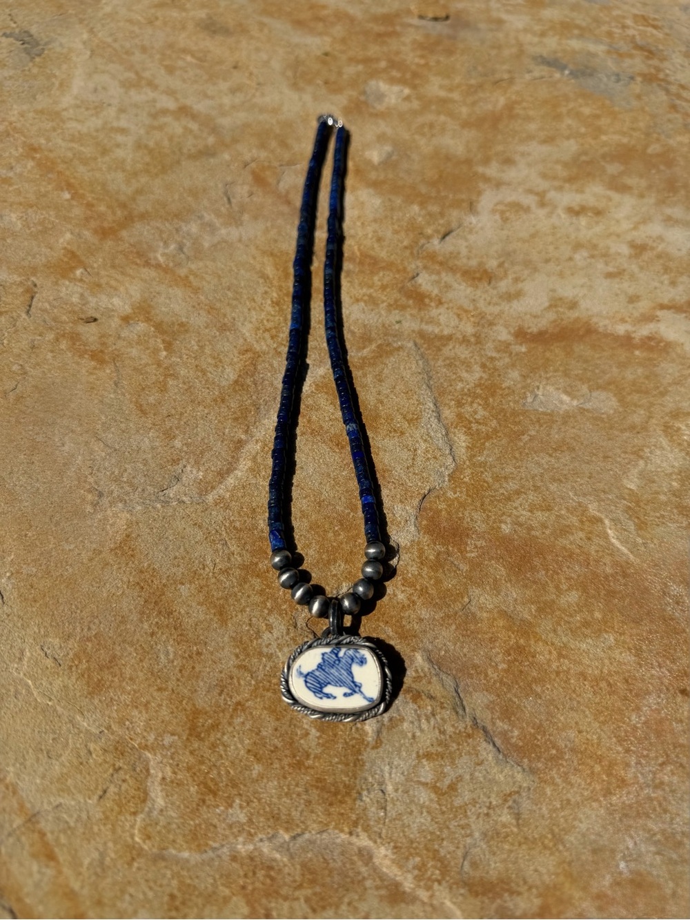 Hand-Strung Blue Lapis Pendant Necklace with Ceramic Horse - Picture 5 of 6